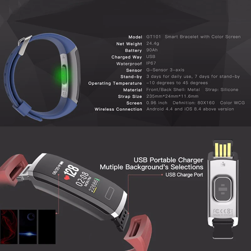 Smart Браслет GT101 Цвет Экран IP67 Водонепроницаемый монитор сердечного ритма Фитнес