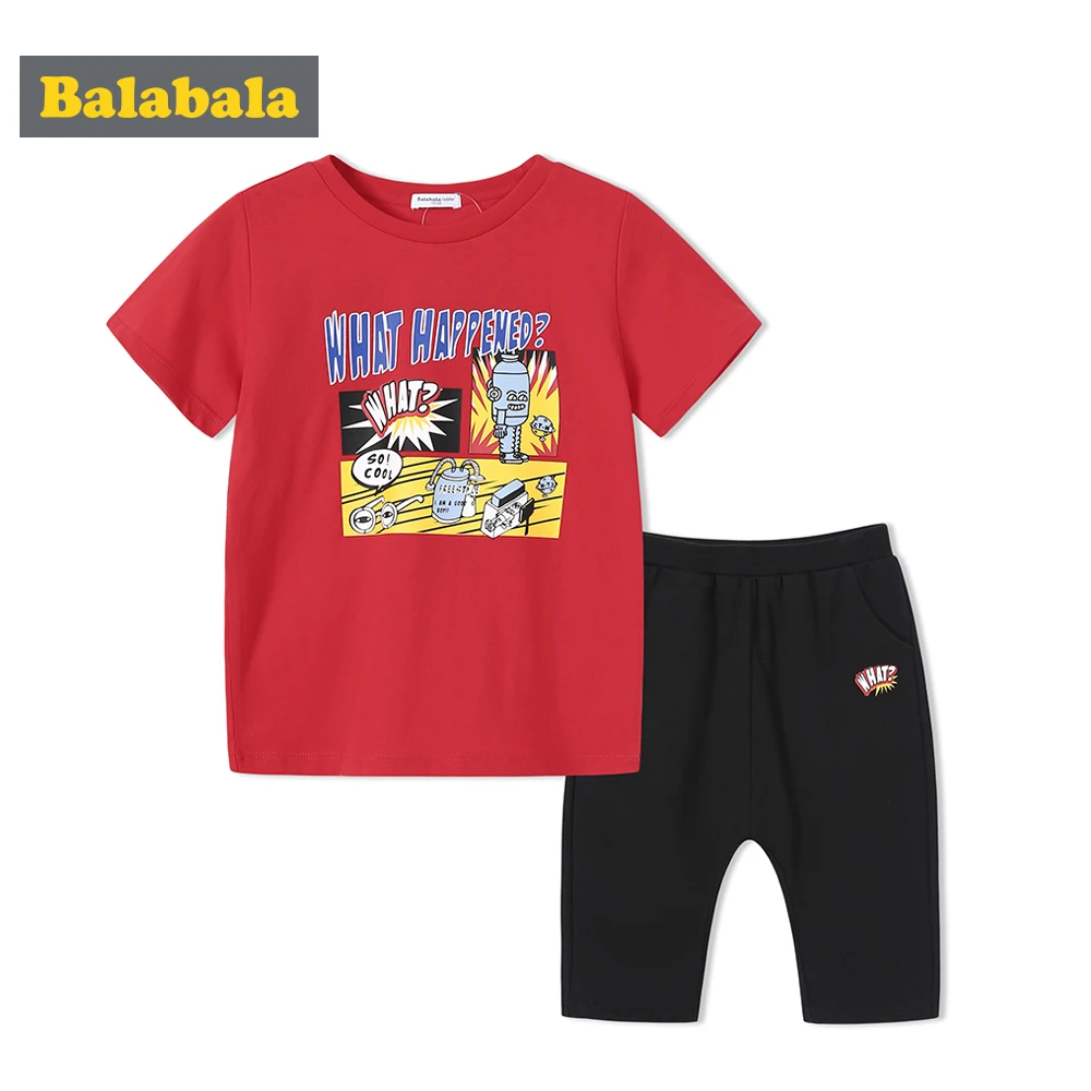 

Balabala Toddler Boy 2-Piece 100% Cotton Short-sleeved T-shirt Printed + Pull-on Knee Length Pants Set Children Kids Boys Outfit