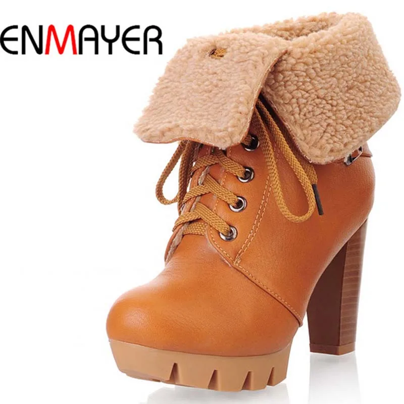 

ENMAYER Martin Boots For Women New Round Toe Fashion Square heel High Boots Black Beige Yellow Shoes Women Ankle Snow Boots