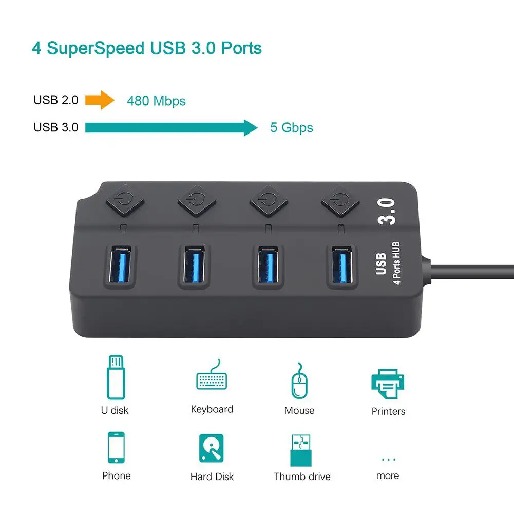 4 порта USB концентратор USB 3,0 высокоскоростной 5 Гбит/с USB 3,0 концентратор с переключателем светодиодный многопортовый usb-адаптер адаптер для