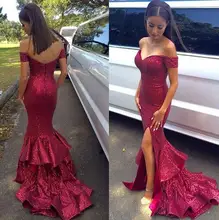 2016 Dark Red Sexy Lange Pailletten Formale Mermaid Off Schulter frauen Abendkleider Höhe Aufgeschlitzte Mädchen Party Kleider robe de soiree