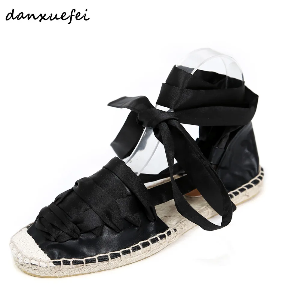 

Women's hemp sole lace-up flats ribbon cross strap ballerinas leisure soft espadrilles comfortable moccasins summer bowtie shoes