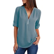 Hot Women Long Sleeve Zipper V Neck Chiffon Blouse Shirts Summer Spring Tops MSK66
