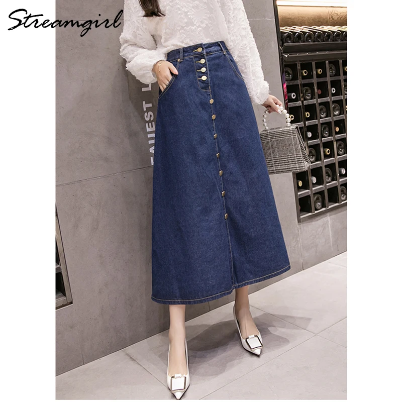 Женская джинсовая юбка в Корейском стиле, большие размеры, длинная джинсовая юбка на пуговицах с большим подолом, повседневные юбки с высокой талией, длинные юбки для женщин