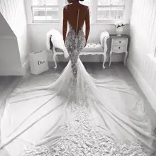 Robe De Mariage, сексуальное, иллюзионное, сзади, Русалка, кружево, свадебные платья,, Аппликации, милое, с длинным шлейфом, свадебные платья для невесты