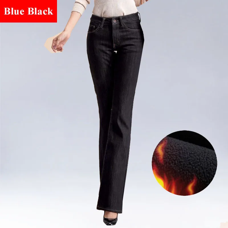 Зимние джинсы Femme, широкие штаны, высокое качество, талия, очень длинные, утепленные флисом, расклешенные, размера плюс, джинсы, синие, черные, вельветовые штаны, 5XL - Цвет: Blue Black Fleece