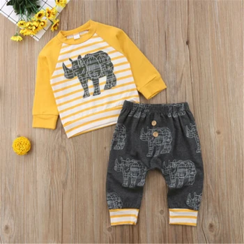 

Emmababy Toddler Baby Boys Girls Rhinoceros Stripe Outfit Set Tops+Harem Pant Clothes 2Pcs