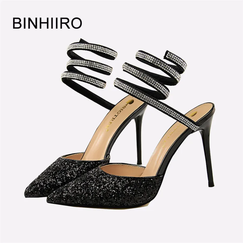 

BINHIIRO Summer Women Sandals Sequined Cloth Pointed Toe Bling Sexy Hollow Thin High Heels Sandals Fashion Black Femme Sandal