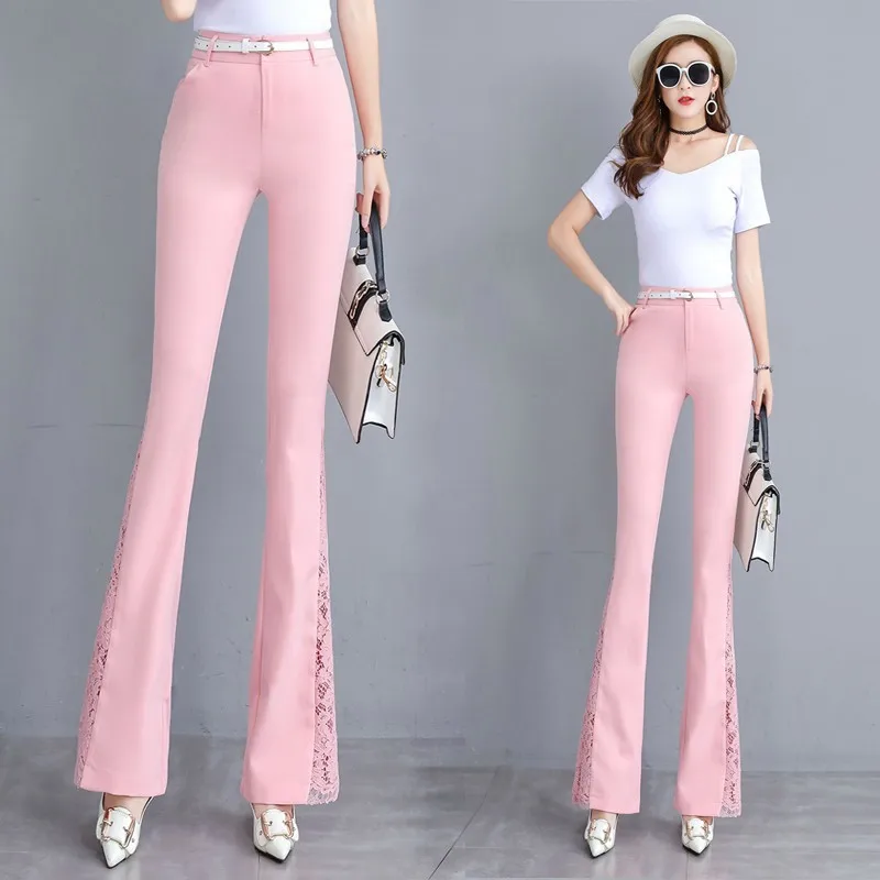 Casual De Black Elegante Primavera Moda Flare Encaje Rosa Alta Mujeres Cintura roses Trabajo Balck Pantalones Patchwork Verano ZPqYf