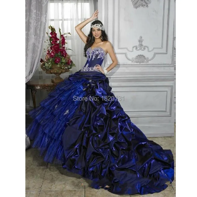 Королевский синий бальное платье без бретелек Quinceanera серебристый бисер длинный шлейф атлас бальные платья