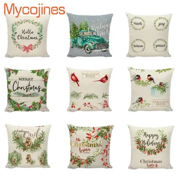 

New Christmas Cushion Cover Two Red Birds Green Car Tree Decorative Pillows Cover Home Hotel Party Supplies Throw Pillowcase