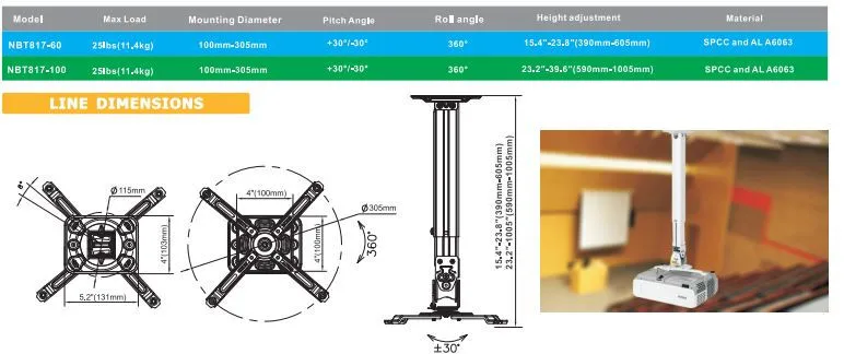Универсальное крепление для проектора NBT817-60 кронштейны для проектора с полным движением длина от потолка 15,"-23,8"(390-605 мм) загрузка 25 фунтов