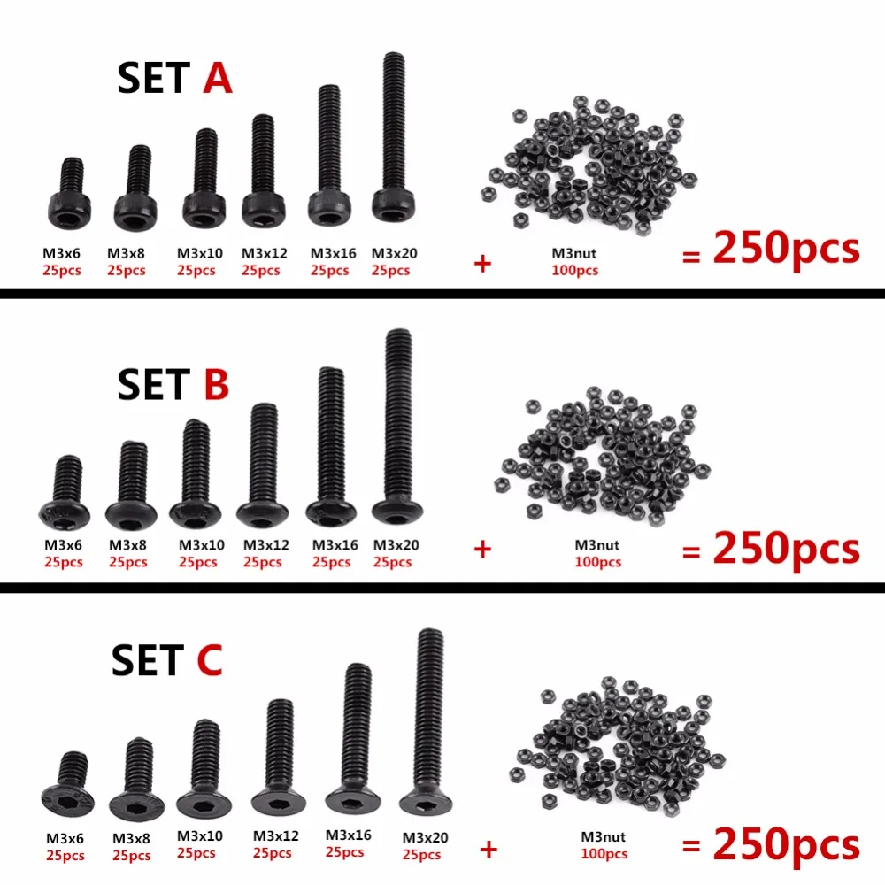 250 шт./компл. M3 черная сталь Сплав шестигранные винты набор болтов инструменты с шестигранной набор болтов в ассортименте Крепежные изделия оптом