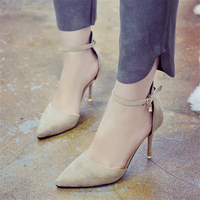 

2018 spring hollow buckle single shoes female black sexy fine with wild ladies Pointed Toe Thin Heels high heels mujer s160
