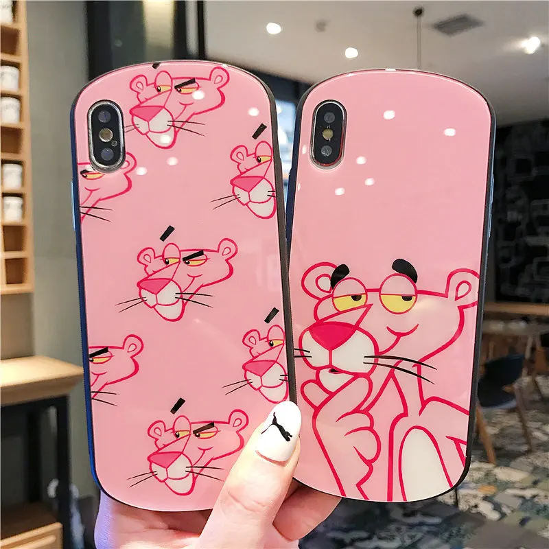 

SoCouple Tempered Glass Phone Case For iphone X Xs Case For iphone 7 8 plus Xs max XR Pink Panther Pattern Back Cover Capa Coque