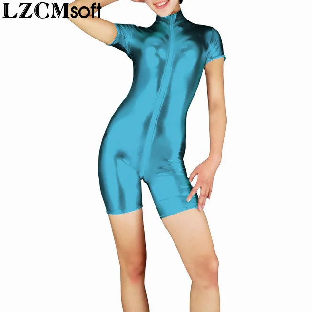 LZCMsoft, женские короткие рукава, штаны, передняя ластовица, молния, спандекс, металлик, высокая горловина, бикетарды, черные, Боди для танцев - Цвет: Sky Blue