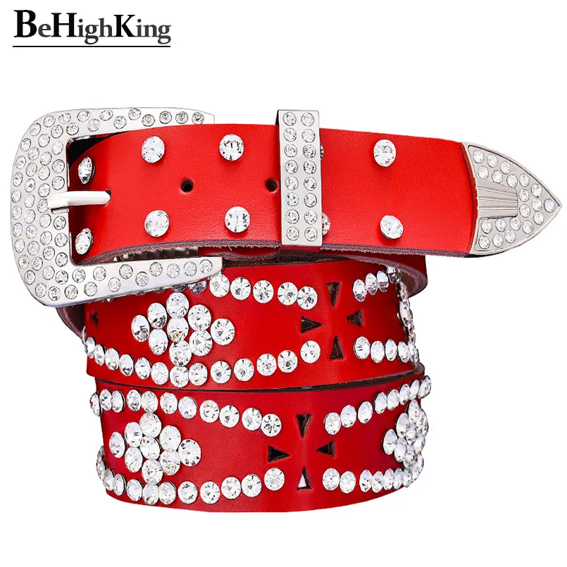 

Fashion genuine leather belts for women Luxury rhinestone women's belt Quality cow skin waist strap female for jeans Width 3.3