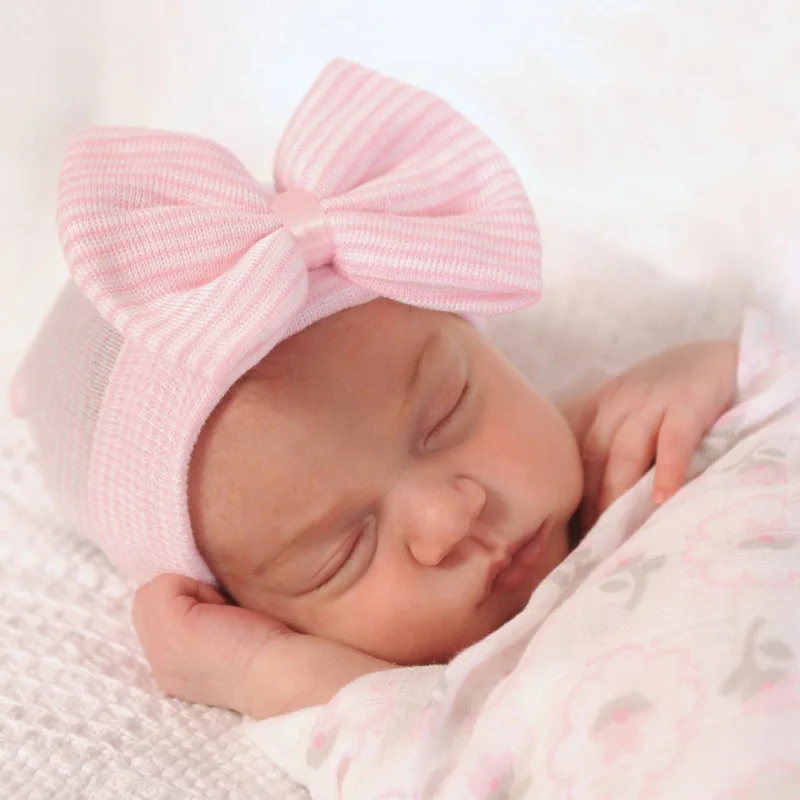 

Baby Bow-knot Stripes Hat Toddler Soft Bow Beanies Cotton Warm Hat Baby Knitting Photo Props for 0 - 6 Months Newborn 0