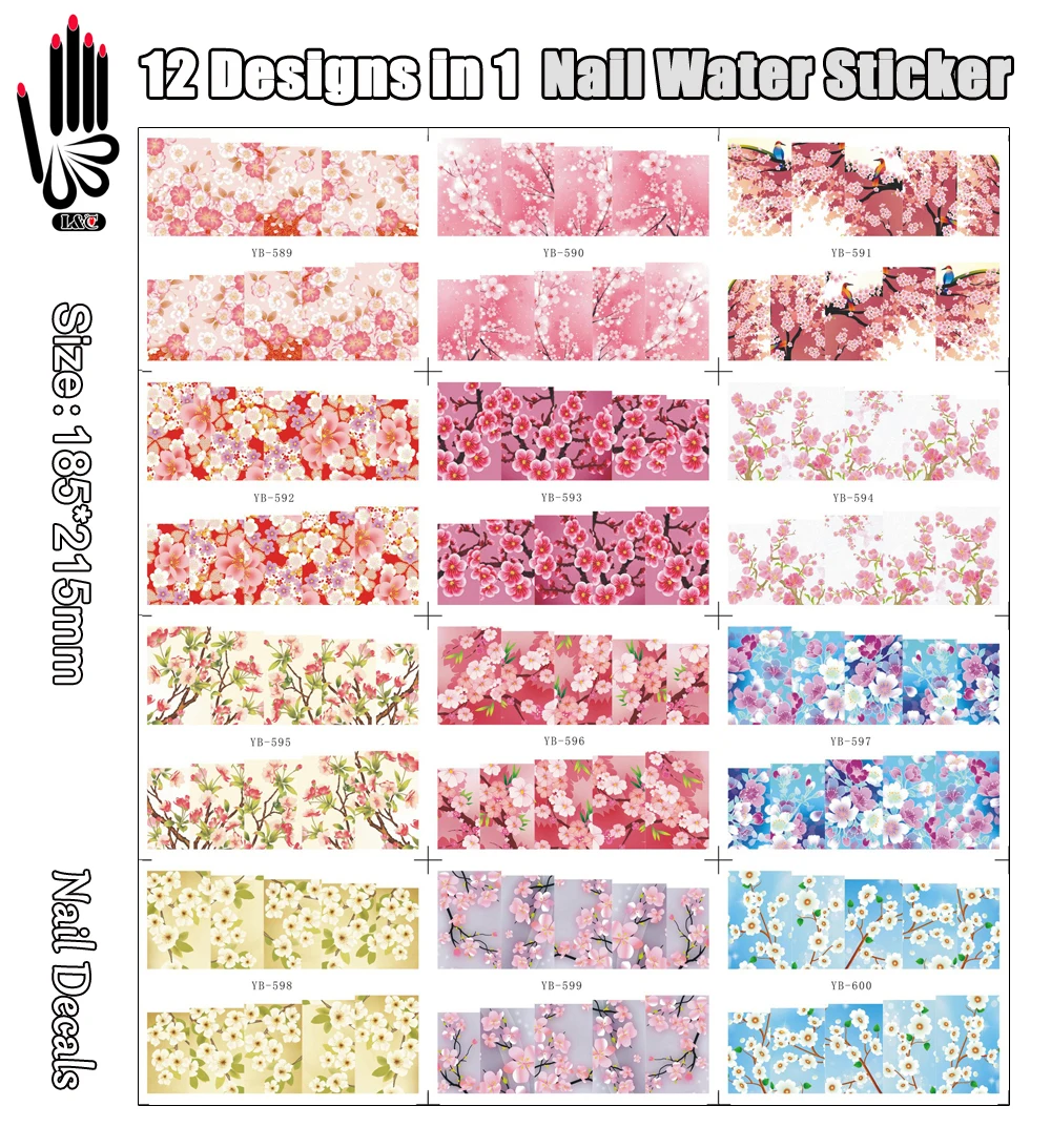 

12 Sheets/Lot Nail Art YB589-600 Full Cover Mixed Small Pink Flower Nail Water Transfer Sticker Decal For Nail(12 DESIGNS IN 1)