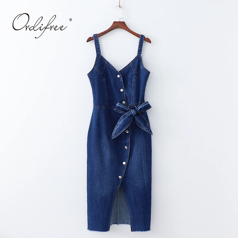 

Ordifree 2019 Summer Autumn Women Jeans Dress Vintage Bow Sexy Bodycon Ladies Denim Dress