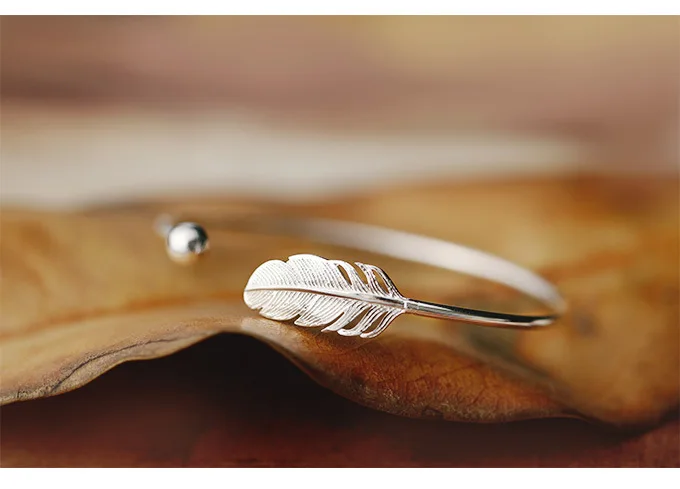 Модные 925 пробы серебряные ювелирные изделия высокого качества Женский простой перо Открытый браслет и браслет для женщин pulsera de plata