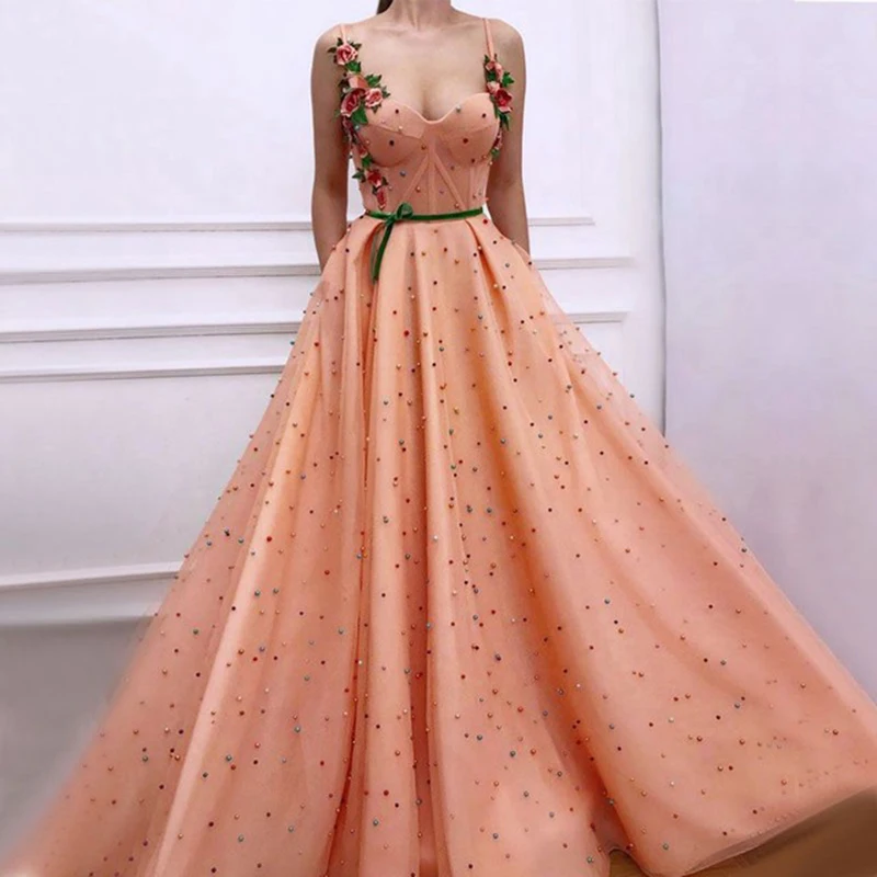 

Long Pearls Champagne Arabic Evening Dresses 2019 Moroccan Kaftan Formal Party Gown robe de soiree