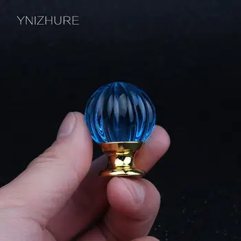 

30MM 10PCS Sky blue Pumpkin Spherical Halloween Decoration Drawer Furniture Handle Dresser Cupboard Crystal Glass Gold Base Knob