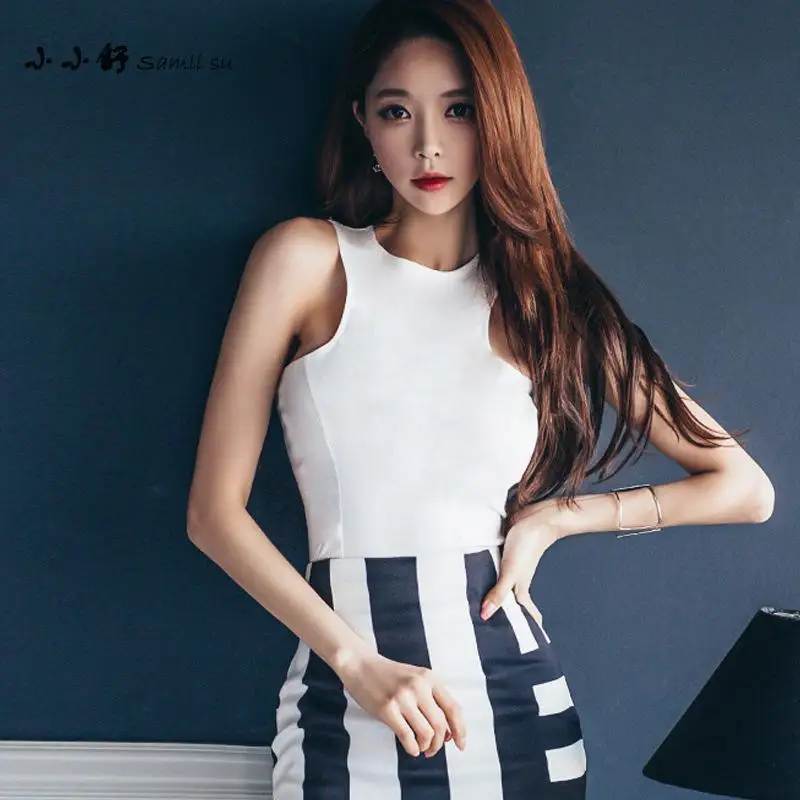 

Small Su 2 Pieces Sets Summer White Knitted O-neck Tank Sundress Bandage Black Striped Pencil Dresses Womens Vestidos De Festa