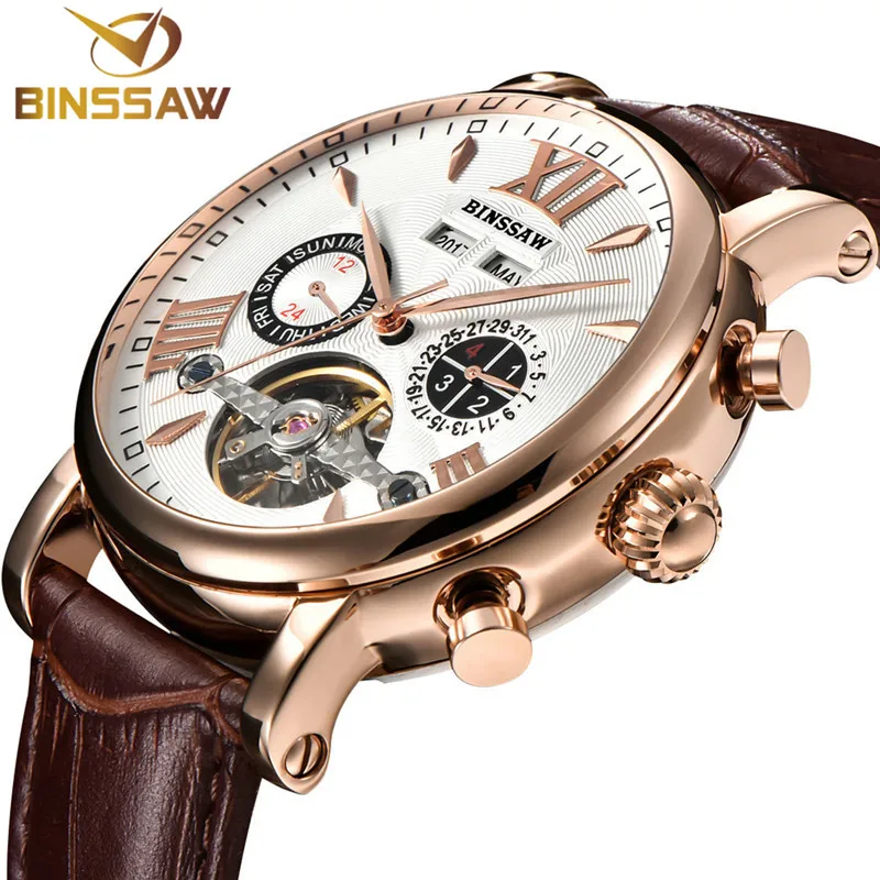 BINSSAW Men Tourbillon Full-automatic Mechanical Watch Luxury Fashion Brand Leather Man Calendar Week Multifunctional Watches