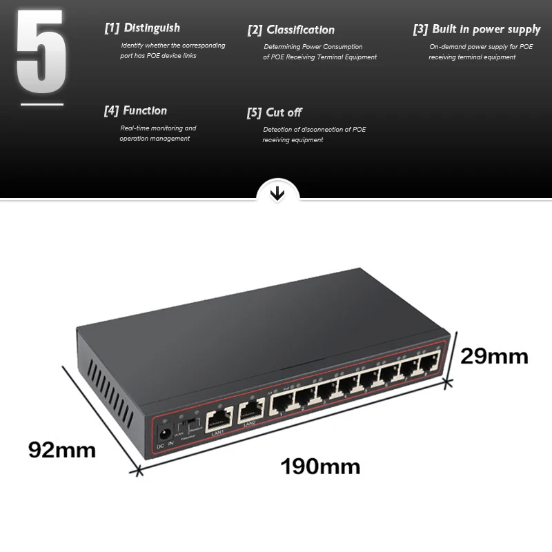 10 портов 8 PoE выключатель инъектор 48 В мощность по Ethernet сетевой коммутатор 802 3 af/at