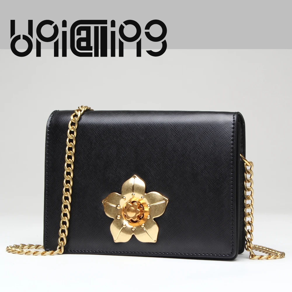 

UniCalling Retro flower of Chinese redbud metals turn clasp closure Split Leather women bag mini Chain women crossbody bag
