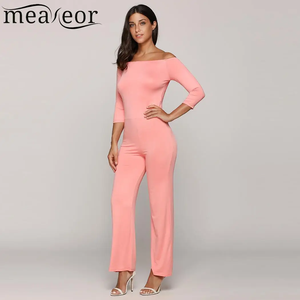 the Off Shoulder Solid 3/4 Sleeves Wide Leg Pants Jumpsuitsin