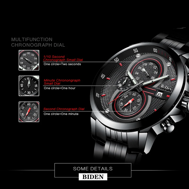  Man Watch BIDEN Top Brand Luxury Steel Strap Business Quartz Watch Military Army Waterproof Sports 