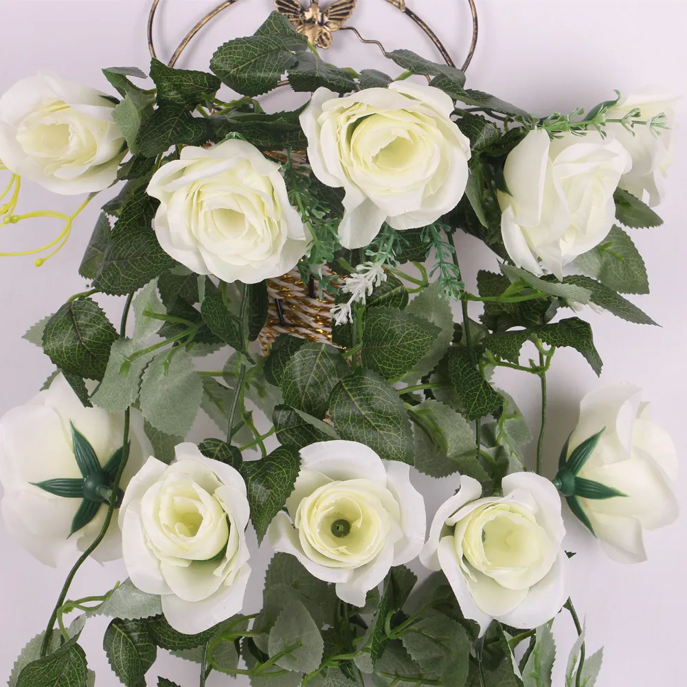 Artificial Rose Silk Flower Garland Ivy Vine Outdoor Indoor Hanging Decor White