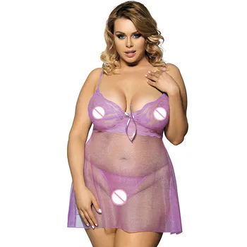 

Plus Size Erotic Lingerie Purple Pajamas 5XXXXL Women Purple Lace Midnight Romance Intimate Transparent Guaze Dress