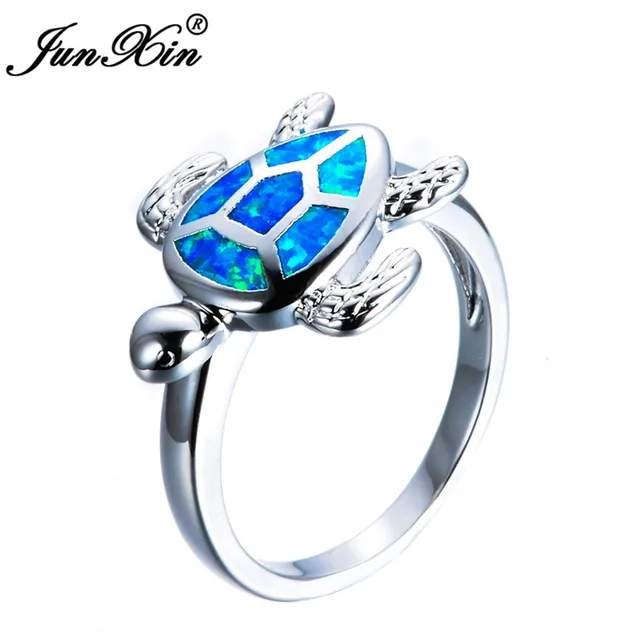 Junxin Unique Female Blue White Fire Opal Wedding Ring Fashion Junxin Unique Female Blue White Fire Opal Wedding Ring Fashion Turtle Gold Filled Animal