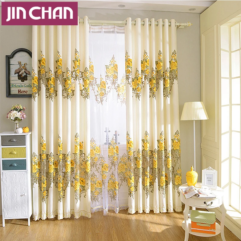 Yellow Flower Pattern Burnout Window Curtains for Living Room Drapes