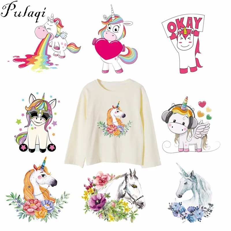 

Pulaqi Cute Unicorn Flower Patches Iron On Transfers Heat Thermal Transfer Patch For T-Shirts Cartoon Animal Decor For Kids F