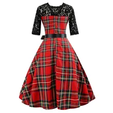 Mujeres Vintage medio sleeveg Plaid Lace suave y cómodo Patchwork Evening Party Prom Swing vestido L50/0202