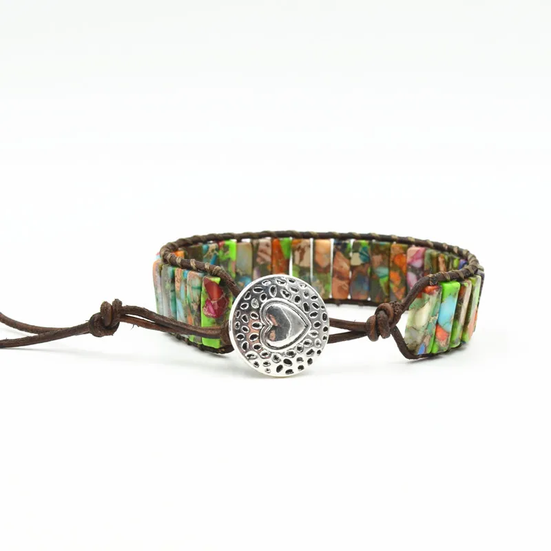 

Women Boho Bracelet Tube Shape Natural Stone Single Leather Wrap Bracelet Semi Precious Stone Beaded Cuff Bracelet Dropship