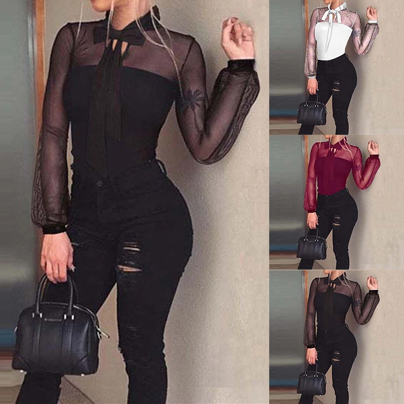 Women Sexy Lace Mesh Blouse Bodysuit Woman Long Sleeve Spring Clothing Wear Transparent Bow Tie Romper Elegant Blouse Bodysuits