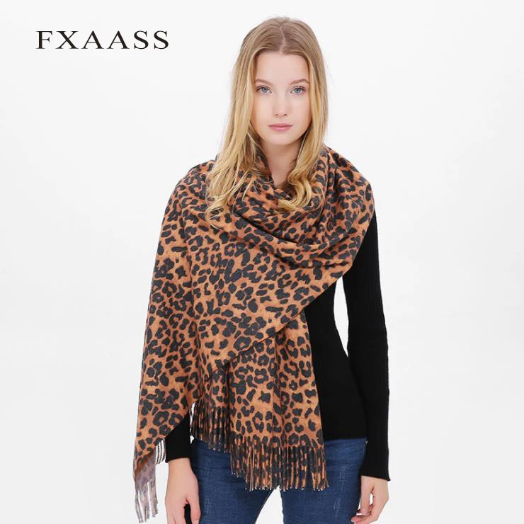 

FXAASS New Autumn/Winter Leopard Print Shawl Fashion Women Large Scarf Luxury Tassel Cashmere Scarves Animal Pashmina Wholesale