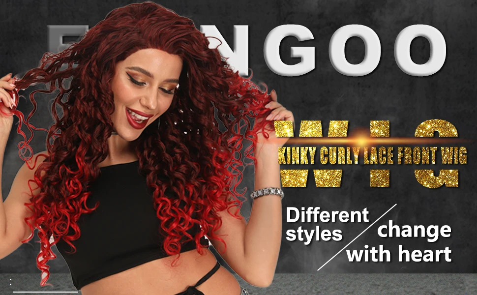 Ebingoo Long Afro Kinky Curly Synthetic Lace Front Wigs Two Tone Ombre Red Wig with Widow Peak Heat Resistant Fiber for Women