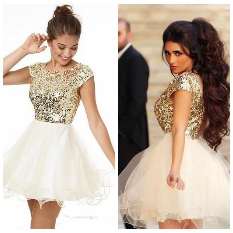 

Shinning Gold Sequined Top A-Line Homecoming Dresses Short Mini Formal Graduation Party Gowns Custom Cheap 2019 Junior Prom Gown