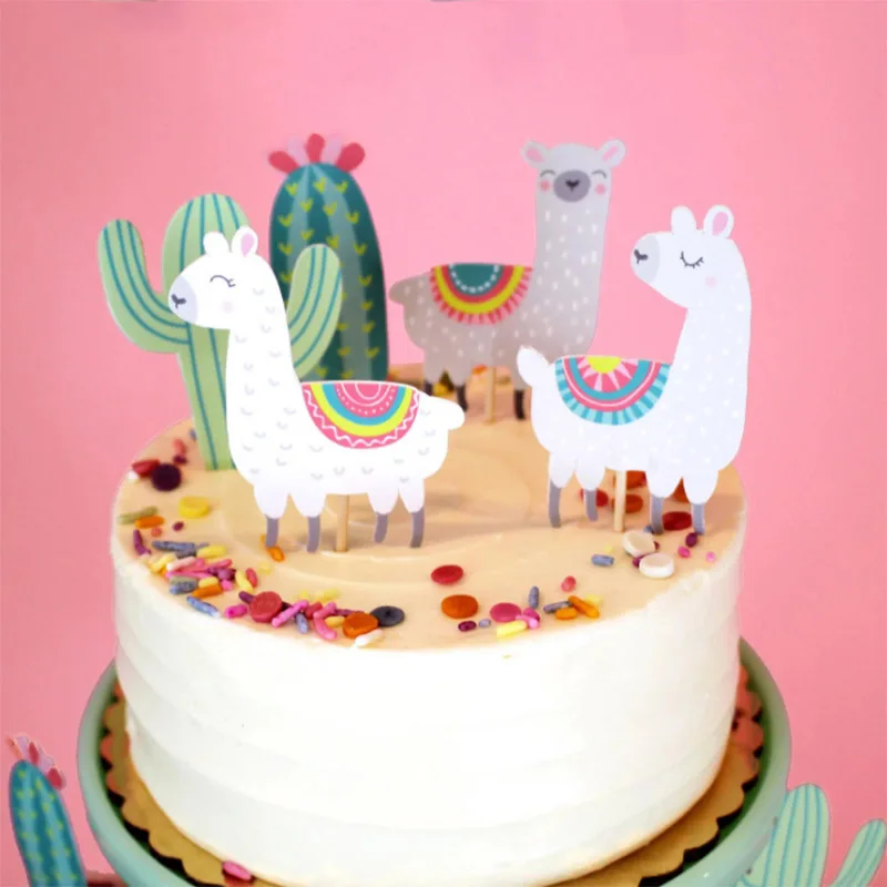 Cactus Alpaca Llamas Cake Topper Cupcake Toppers Summer Jungle Party Cake Decoration Cake Flags Party Supplies