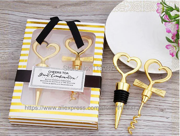 

100sets=200pcs Gold Cheers To A Great Combo Wine Bottle Opener Stopper Corkscrew Set a Pair Heart Shape Wedding Favors Gift