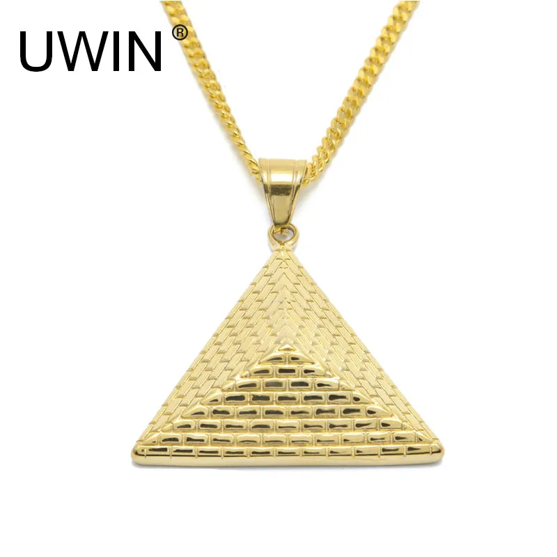 UWIN Gold Egyptian Pyramid Pendant Charm Necklace Gold Color Stainless