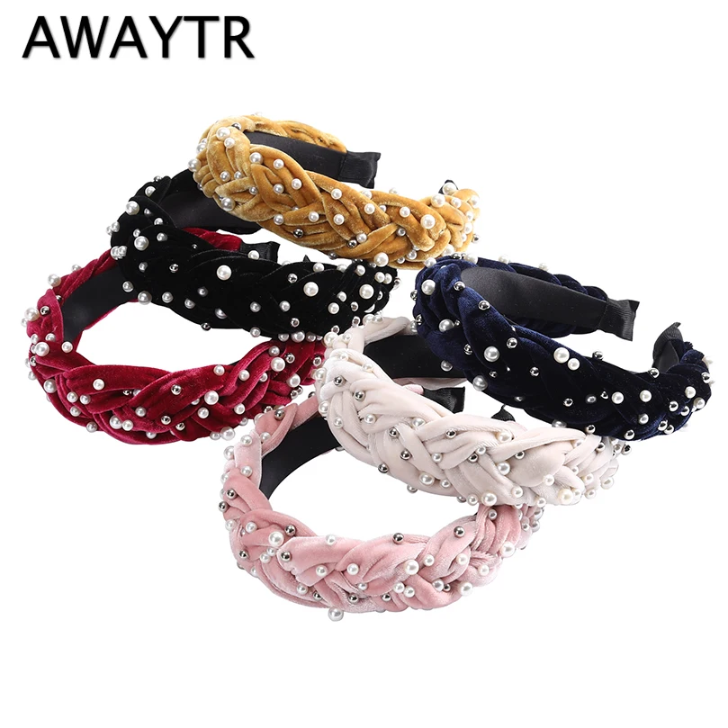 

AWAYTR New Pearl Velvet Braid Headband for Women Rhinestone Knot Hairband Retro Turban Handmade Headband Girls Hair Accessories