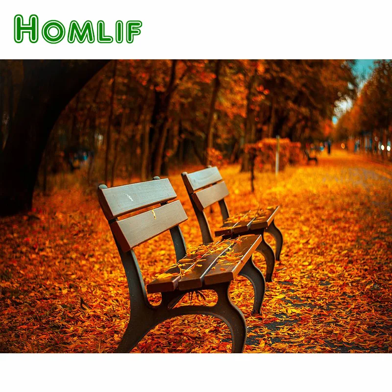 HOMLIF 5D DIY Diamond Painting Embroidery Cross Stitch Autumn Fallen leave bench Mosaic Needlework diamond Rhinestone Home decor | Дом и сад