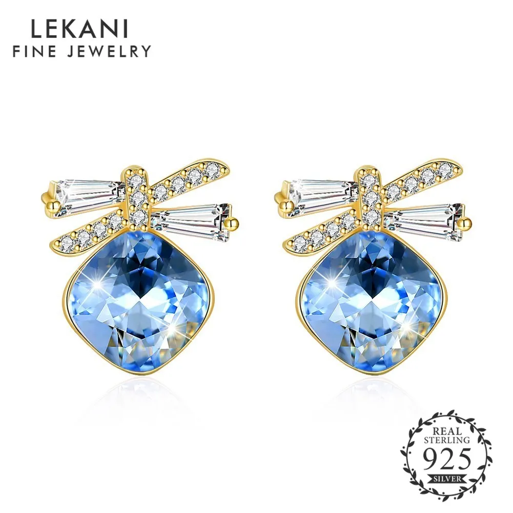 

LEKANI Luxury Women Jewerly 925 Sterling Silver Crystals from Swarovski Sterling Silver Bowknot Square Crystal Stud Earrings